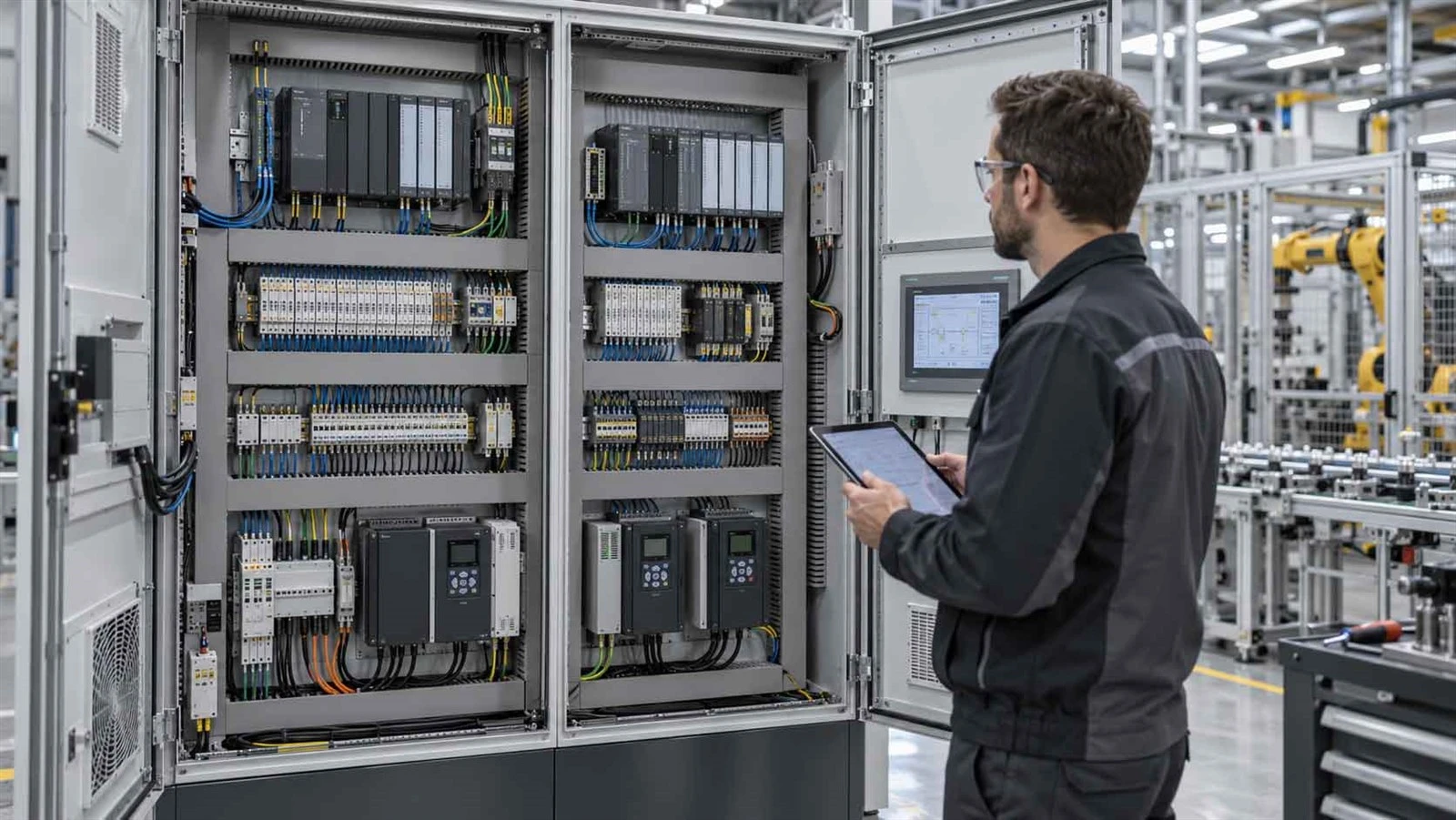 Controls engineer comparing two modular PLC systems inside an industrial control cabinet Controls engineer comparing two modular PLC systems inside an industrial control cabinet